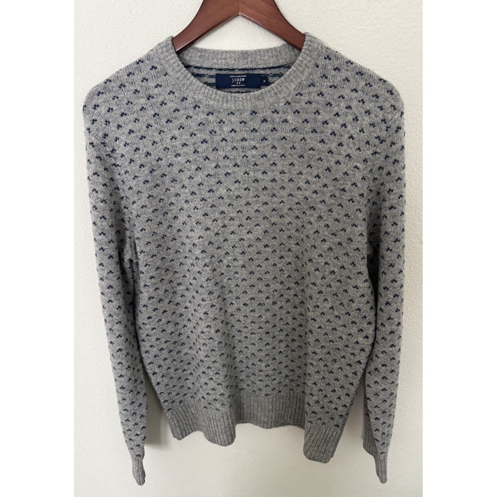 J. Crew 100% Lambswool Crewneck Sweater Gray Blue Chevron Stitch Men's M Preppy